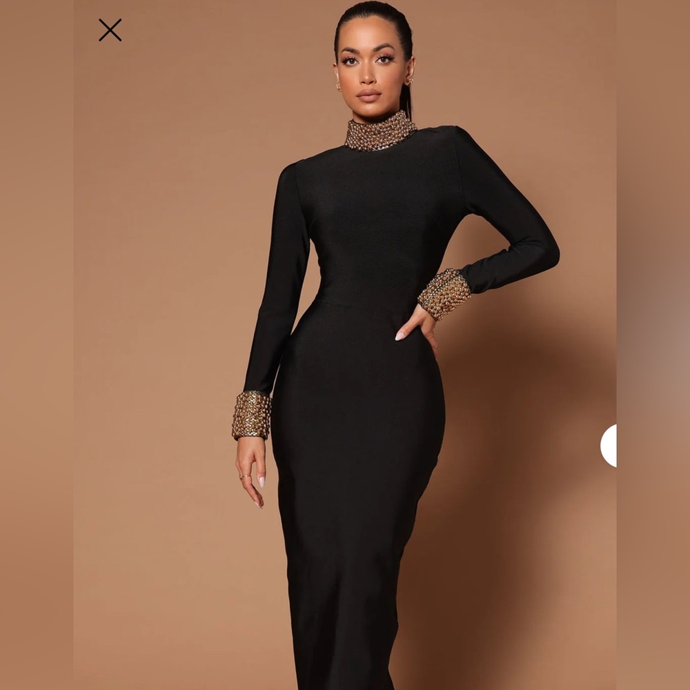 Fashion Nova LUXE Black Dress with Gold Accents
